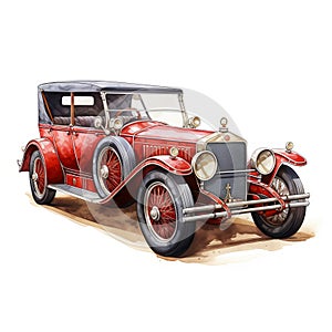 Realistic Watercolor Illustration Of Vintage Red And Beige Antique Car