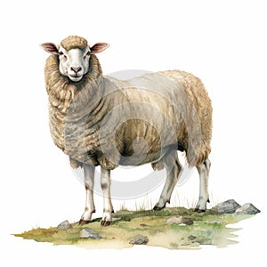 Realistic Watercolor Illustration Of A Vintage Sheep In A Field