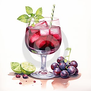 Realistic Watercolor Illustration Of A Wine Cocktail