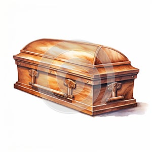 Realistic Watercolor Illustration Of A Wooden Casket