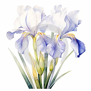 Realistic Watercolor Iris Painting With White Snowflake Flowers