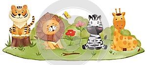 Realistic watercolor paint of wildlife animals on grassland . Cartoon character design . Isolated . Vector