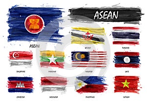 Realistic watercolor painting flag of ASEAN Association of Southeast Asian Nations and membership on isolated background . Vec