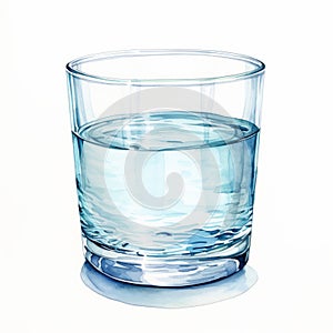 Realistic Watercolor Painting Of Glass Of Water On White Background