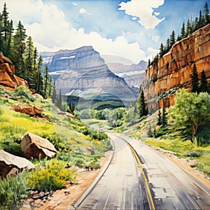 Realistic Watercolor Painting Of Going-to-the-sun Road With Majestic Mountains