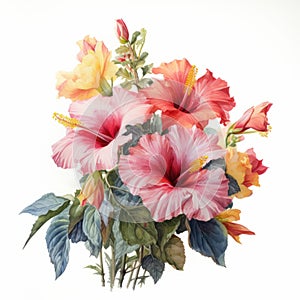 Realistic Watercolor Painting Of Hibiscus Bouquet On White Background