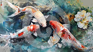 Realistic Watercolor Painting of Koi Fish in a Pool