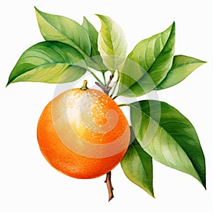 Realistic Watercolor Painting Of An Orange With Leaves