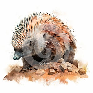 Realistic Watercolor Painting Of A Pig Echidna On Rocks photo