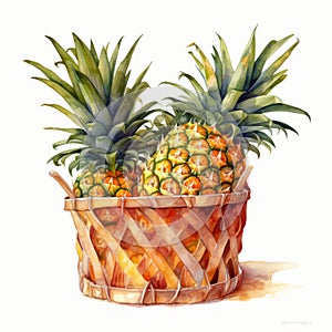 Realistic Watercolor Painting Of Pineapples In A Basket