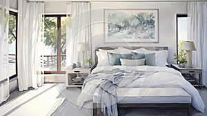 Realistic Watercolor Painting Of A Serene Bedroom With Sea Views