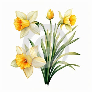 Realistic Watercolor Painting Of Yellow Daffodils On White Background
