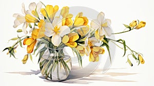 Realistic Watercolor Paintings Of Yellow And White Flowers In A Vase