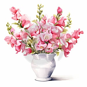 Realistic Watercolor Pink Flowers In White Vase Illustration