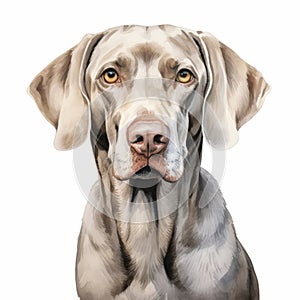 Realistic Watercolor Portrait Of White Weimaraner On White Background