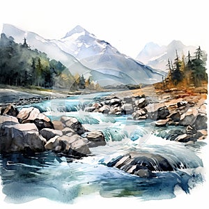 Realistic Watercolor River In Mountain Landscape