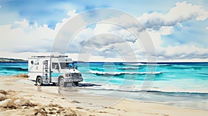 Realistic Watercolor Rv At The Beach: Tonga Art With Naturalistic Ocean Waves