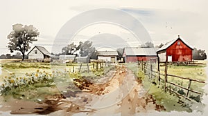 Realistic Watercolor Sketch Of Barns And Dirt Path In 8k Resolution