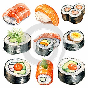 Realistic Watercolor Sketch Of Sushi Food: Detailed And Intricate Nature Motifs