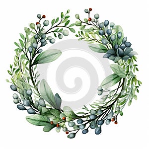 Realistic Watercolor Wreath Clipart With Green Branches And Blue Berries