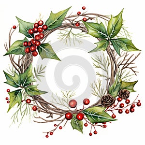 Realistic Watercolor Wreath Clipart With Holly Berries And Pine Cones