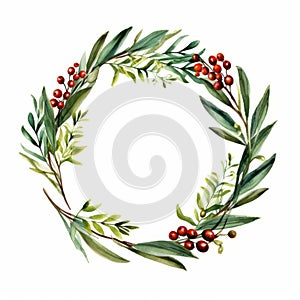 Realistic Watercolor Wreath Of Green Leaves And Red Berries Clipart