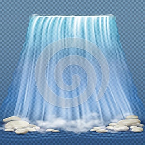 Realistic waterfall with blue clean water and stones, water rapids vector illustration