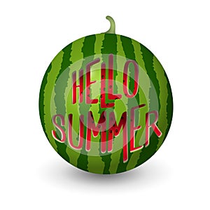 Realistic watermelon carved into summer symbol shapes text hello summer - vector illustration isolated on white background