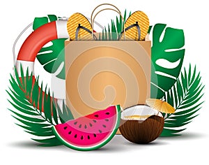 Realistic watermelon, coconut, red lifebuoy, red flip flops on the bag, and leaves on white background for your creativity