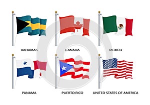 Realistic waving flags of North America continent. USA, Canada, Bahamas, Mexico, Panama, Costa Rico flag on flagpole