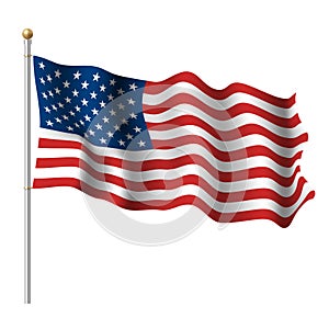 Realistic waving United States of America flag on silver metallic stick vector illustration