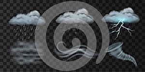 Realistic weather icons with rain, cloud, snowfall, thunder, lightning, wind, fog and tornado