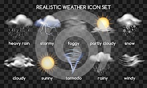 Realistic weather icons on transparent