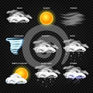 Realistic weather vector icons isolated on transparent background