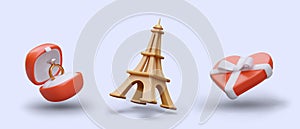 Realistic wedding ring box, Eiffel Tower, heart shaped candy box