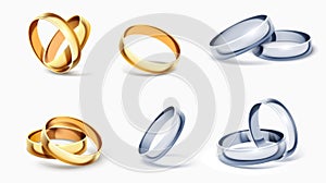 Realistic wedding rings. Romantic golden and silver elements. Precious jewely. Married couple accessories. Jewel circles