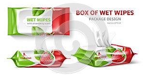 Realistic wet wipes design. Cleansing cosmetic wipes, antibacterial impregnation, family packaging different angles view