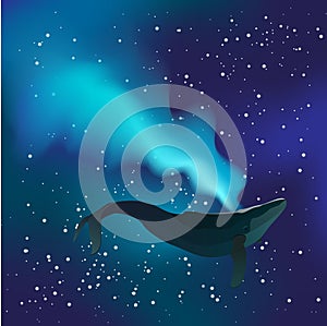 Realistic whale in space with a fountain and star vector.