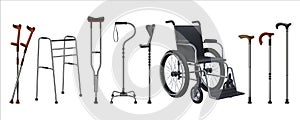 Realistic wheelchairs and canes. 3D medical supplies for musculoskeletal injury patients. Walking sticks set