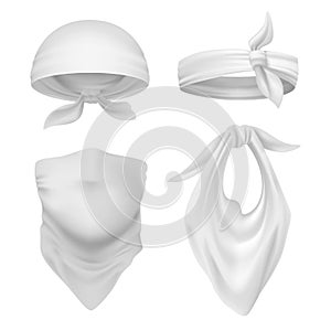 Realistic white bandana. Blank scarf and buff mockup, isolated handkerchief and face bandage template. Vector kerchief