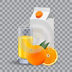 Realistic white blank paper package and glass for juice. For design and branding. Transparent glass for every background