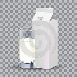 Realistic white blank paper package and glass for milk, juice. Isolated on transparent grid, for design and branding. Transparent