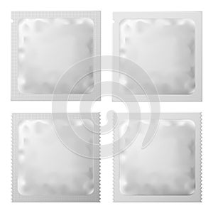 Realistic White Blank template condom Packaging. Set of Condom Or Foil wet wipes Pouch Medicine packet. Vector
