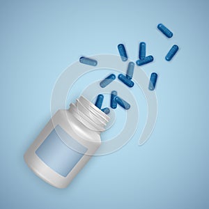 Realistic white bottle with Pills. Medical capsules container with capsules, tablets. 3d vector eps 10 illustration