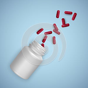 Realistic white bottle with Pills. Medical capsules container with capsules, tablets. 3d vector eps 10 illustration