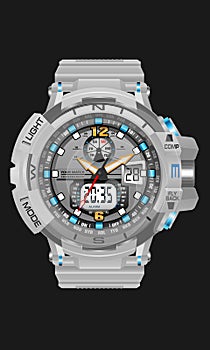Realistic white clock watch sport chronograph digital for men design modern on dark grey background vector