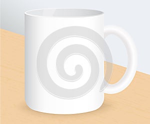 Realistic white coffee cup on wooden table. Vector illustration.