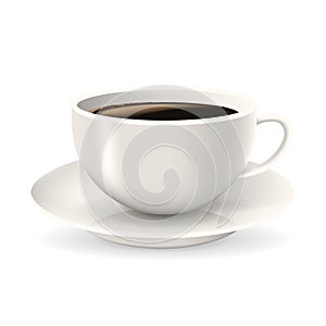 Realistic, white cup of coffee on saucer.