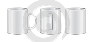 Realistic White Cup Empty Template Mockup Set Different Views. Vector illustration of Mug