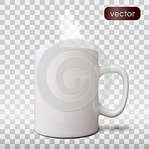 Realistic white cup isolated on grey background. Vector template for Mock Up. Vector illustration